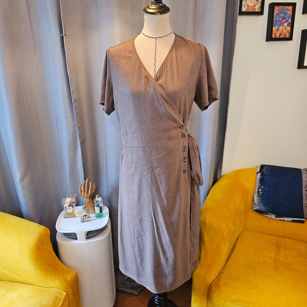 Classic Taupe Wrap Dress with Button Detail